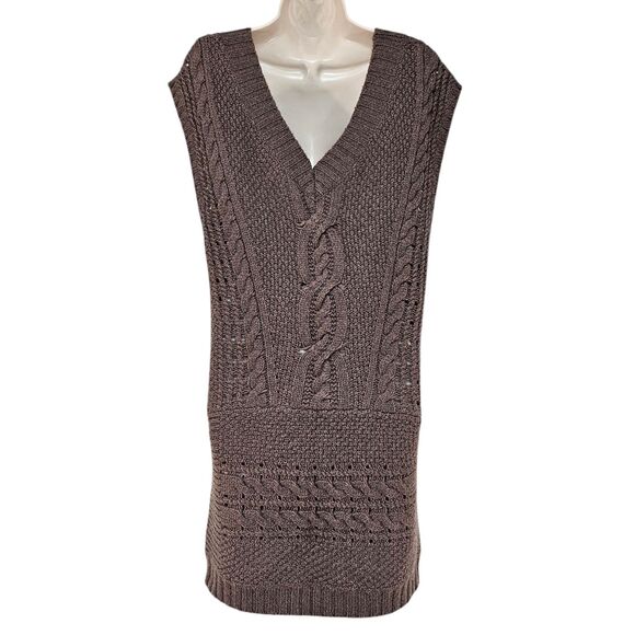 Free People Sweater Vest Tunic Mini Dress Size M Brown Cable Knit Wool Alpaca - Picture 2 of 6